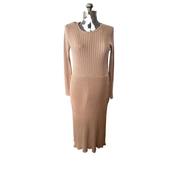 Express Women's Ribbed Crew-Neck Maxi Sweater Dress Beige Long Sleeve L Classic - Picture 2 of 10